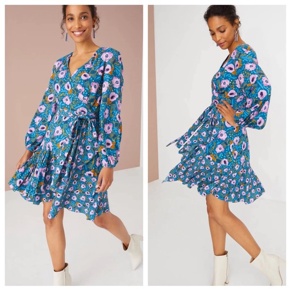 $328 Alivia NWOT The Megan Dress Large Wrap Ruffle Blouson Sleeve Blue Pink